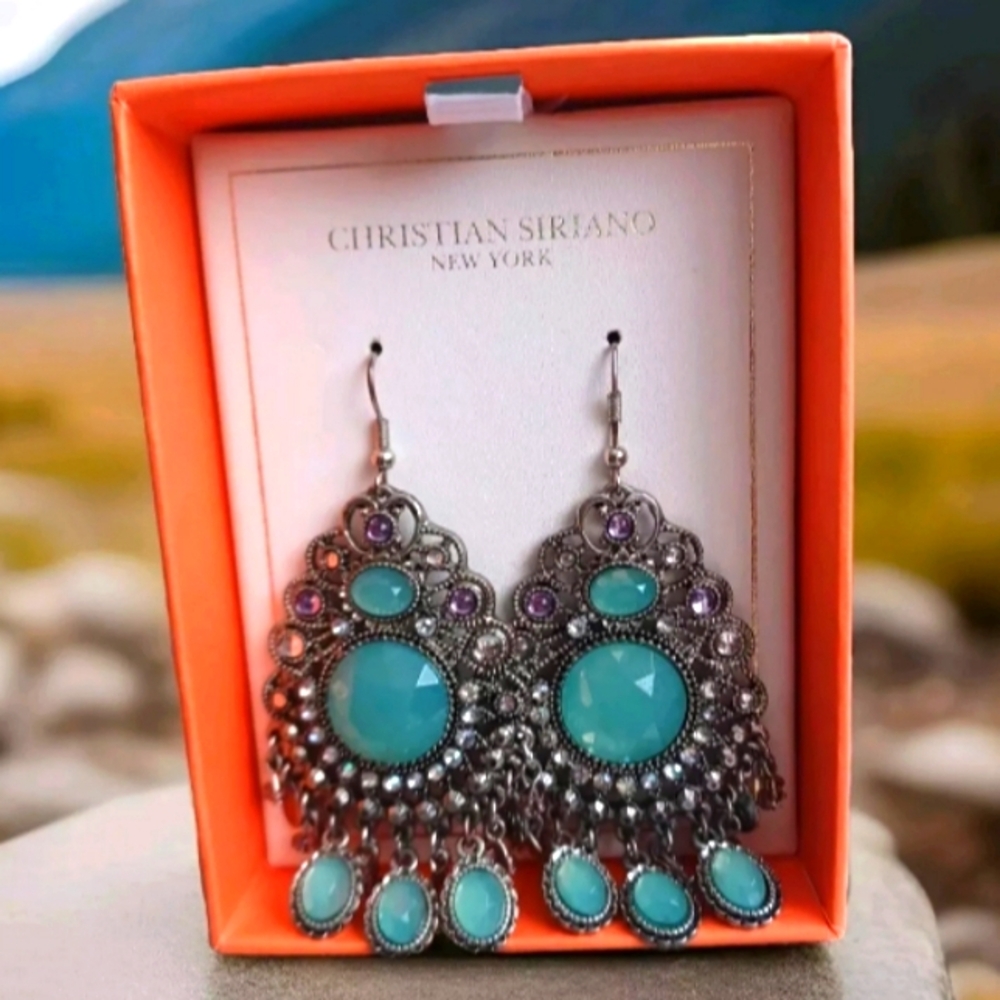 NIB Christian Siriano NY Silvertone Aqua Purple Teardrop Chandelier Earrings